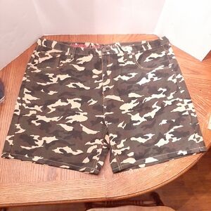🔥Linea Uomo Mens W46 Brown Tan Camo Denim Shorts 100% Cotton c11